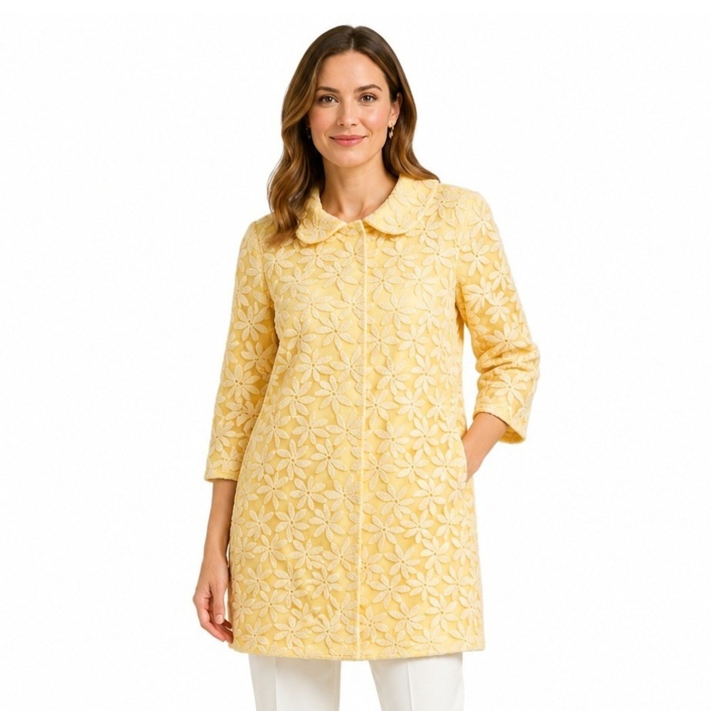 Luii Yellow Embroidered Coat Womens Size Large Floral Peter Pan 3/4 Sleeve Retro